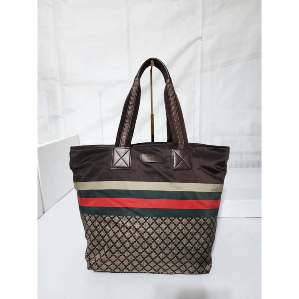 Authentic Gucci Diamante Canvas Web Shopping Tote Bag Brown/Beige